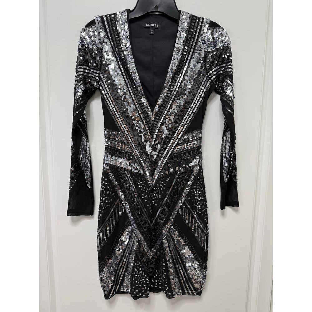 Express XS Black Silver Sequin Bodycon Dress Long Sleeve Deep V Party Mini - Picture 2 of 5